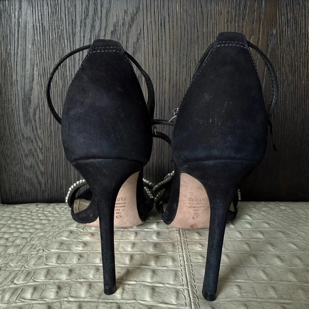 Schutz Black Velvet Rhinestone Buckle Heels Size 9B Ankle Strap Sandals